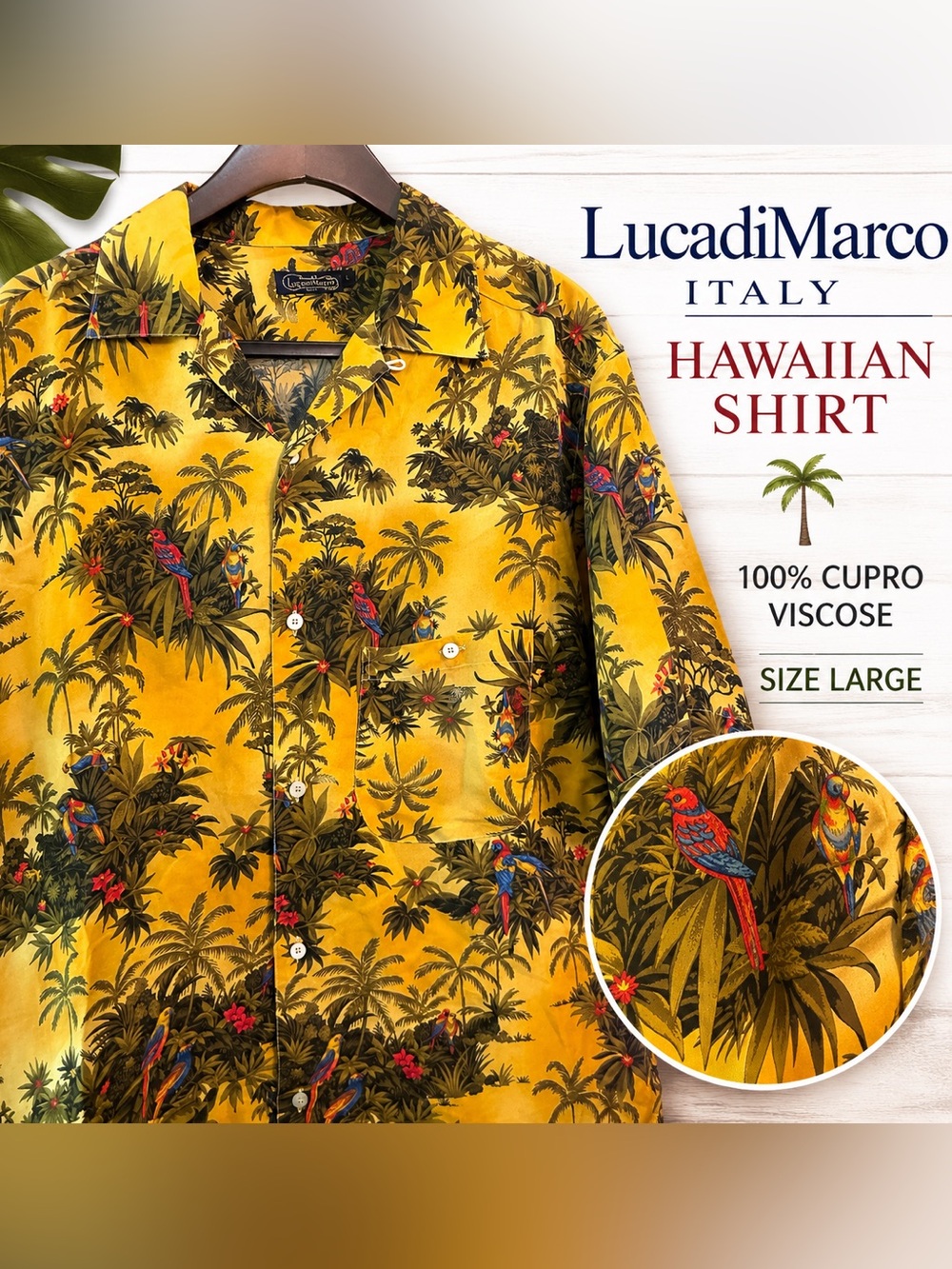 LucadiMarco Italy Aloha Hawaiian Shirt Large Tropical Parrot Print Cupro Viscose